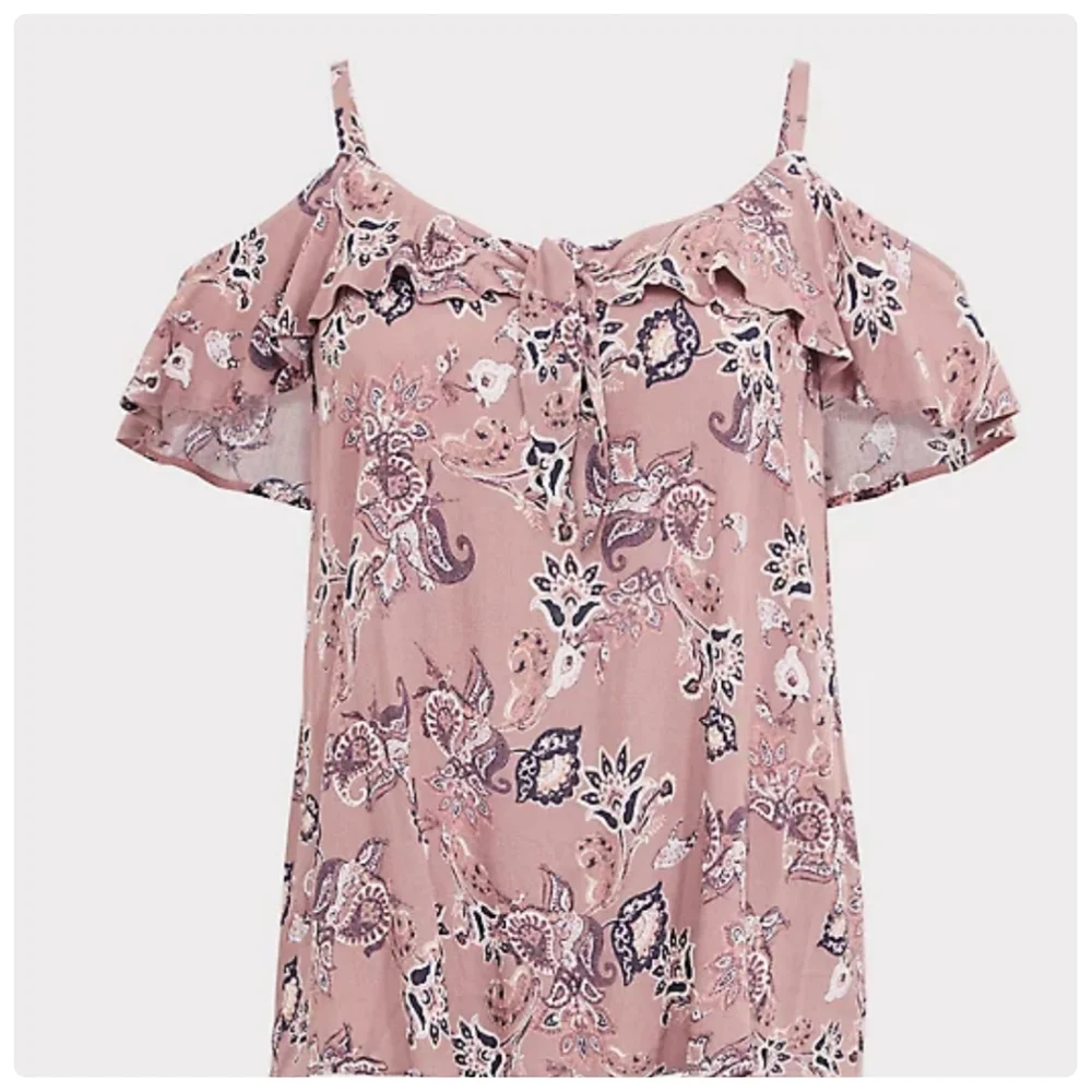 Torrid Walnut Paisley Gauze Cold Shoulder Cutout Top Tie Front Size 00 (M/L)